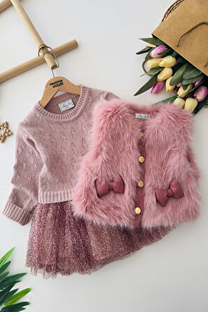 Miniğimin Cicileri Kürklü Fiyonk Detaylı Leopar Tüllü Premium Kız Çocuk Elbise Takım - Pembe