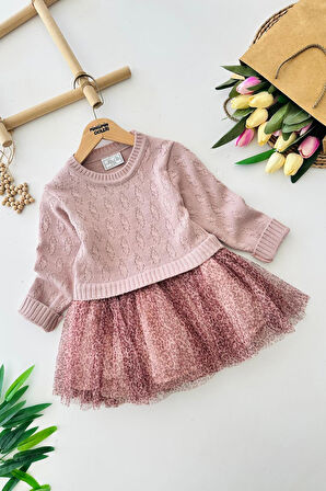 Miniğimin Cicileri Kürklü Fiyonk Detaylı Leopar Tüllü Premium Kız Çocuk Elbise Takım - Pembe