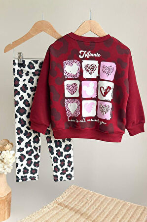 Miniğimin Cicileri Kalp Leopar Desenli Mnn Kız Çocuk 2 li Takım - Bordo