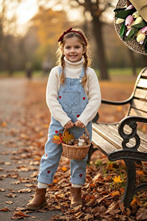 Miniğimin Cicileri Kalp İşleme Kız Çocuk Kot Salopet - Kırmızı