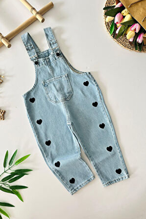 Miniğimin Cicileri Kalp İşleme Kız Çocuk Kot Salopet 