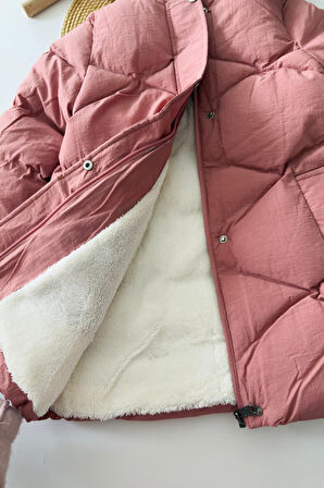 Miniğimin Cicileri Kürk Kapüşonlu Dikiş Desenli Şişme Kız Çocuk Mont - Gül Kurusu