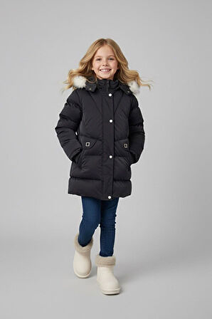 Miniğimin Cicileri Kürk Kapüşonlu Su Geçirmez Şişme Kız Çocuk Kışlık Mont - Siyah