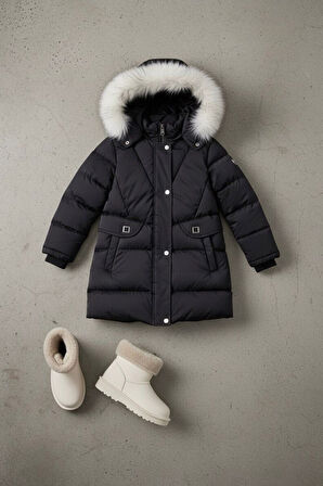 Miniğimin Cicileri Kürk Kapüşonlu Su Geçirmez Şişme Kız Çocuk Kışlık Mont - Siyah