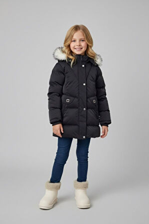 Miniğimin Cicileri Kürk Kapüşonlu Su Geçirmez Şişme Kız Çocuk Kışlık Mont - Siyah