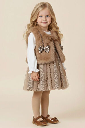 Miniğimin Cicileri Kürklü Fiyonk Detaylı Leopar Tüllü Premium Kız Bebe Elbise Takım- Kahve