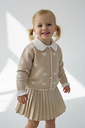 Miniğimin Cicileri Kalp Desenli Triko Hırkalı Pileli Etekli 3 lü Kız Takımı - Bej