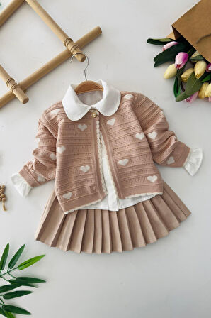 Miniğimin Cicileri Kalp Desenli Triko Hırkalı Pileli Etekli 3 lü Kız Takımı - Pembe