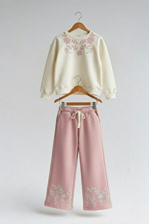 Miniğimin Cicileri Çiçek Simli Kabartma Baskılı  Sweat & Geniş Paça Kız Çocuk Takım - Pembe