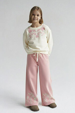 Miniğimin Cicileri Çiçek Simli Kabartma Baskılı  Sweat & Geniş Paça Kız Çocuk Takım - Pembe