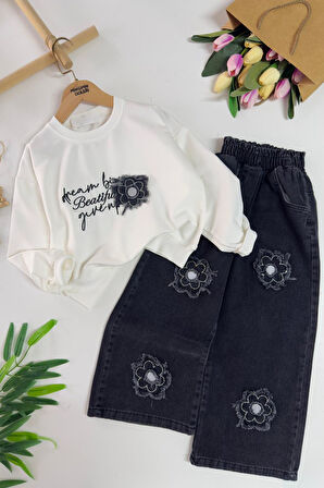 Miniğimin Cicileri Papatya Yama Detaylı Kız Çocuk Bol Pantolonlu Takım - Siyah