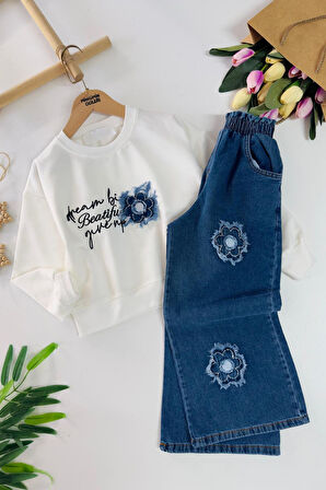 Miniğimin Cicileri Papatya Yama Detaylı Kız Çocuk Bol Pantolonlu Takım - Mavi