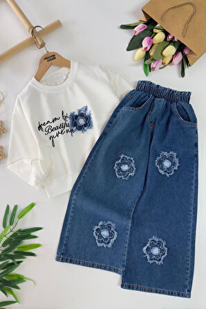 Miniğimin Cicileri Papatya Yama Detaylı Kız Çocuk Bol Pantolonlu Takım - Mavi