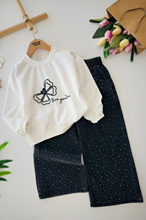 Miniğimin Cicileri Kelebek Nakış Detaylı Kız Çocuk Bol Taşlı Pantolonlu Takım - Siyah