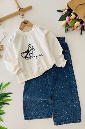 Miniğimin Cicileri Kelebek Nakış Detaylı Kız Çocuk Bol Taşlı Pantolonlu Takım - Mavi