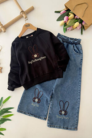 Miniğimin Cicileri May The İşleme Detaylı Kız Çocuk 2 li Takım - Siyah