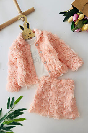 Miniğimin Cicileri Gül Detaylı 3 lü Kız Çocuk Takım - Somon