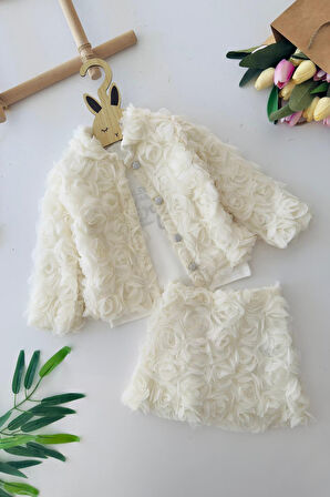 Miniğimin Cicileri Gül Detaylı 3 lü Kız Çocuk Takım - Krem