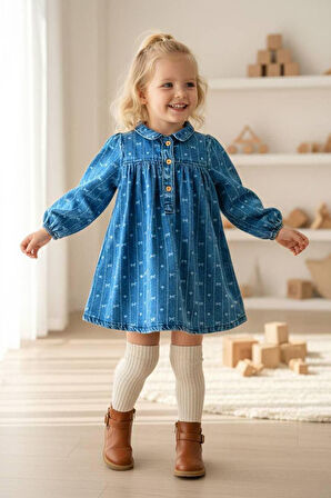 Miniğimin Cicileri Kalp Baskılı  Kız Çocuk Soft Kot Elbise - Mavi