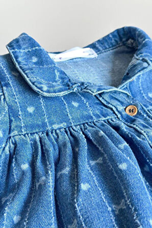 Miniğimin Cicileri Kalp Baskılı  Kız Çocuk Soft Kot Elbise - Mavi