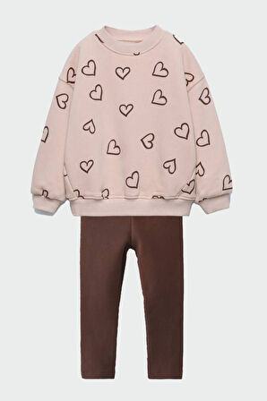 Miniğimin Cicileri Kalp Baskı Detaylı Kız Çocuk Taytlı 2 li Takım - Kahverengi