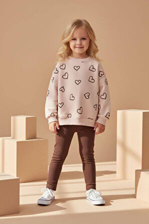 Miniğimin Cicileri Kalp Baskı Detaylı Kız Çocuk Taytlı 2 li Takım - Kahverengi