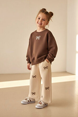 Miniğimin Cicileri Fiyonk İşleme Detaylı Kız Çocuk Bol Pantolonlu Kız Çocuk Takım - Kahverengi