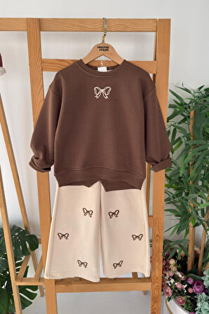 Miniğimin Cicileri Fiyonk İşleme Detaylı Kız Çocuk Bol Pantolonlu Kız Çocuk Takım - Kahverengi