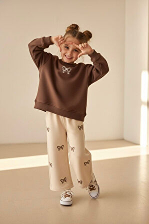 Miniğimin Cicileri Fiyonk İşleme Detaylı Kız Çocuk Bol Pantolonlu Kız Çocuk Takım - Kahverengi