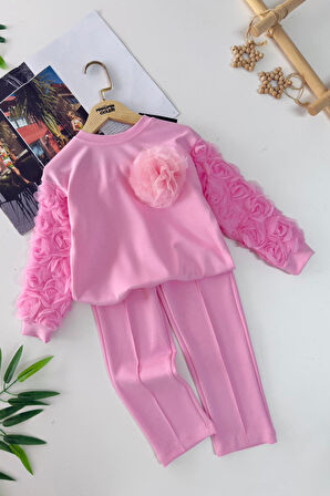 Miniğimin Cicileri Kolları Gül Detaylı  Kız Çocuk Çimalı 2 li Takım - Pembe