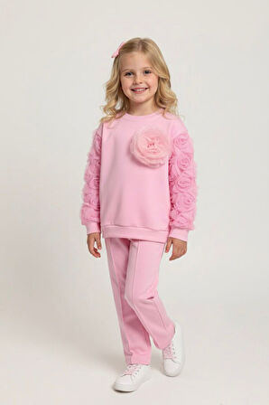Miniğimin Cicileri Kolları Gül Detaylı  Kız Çocuk Çimalı 2 li Takım - Pembe