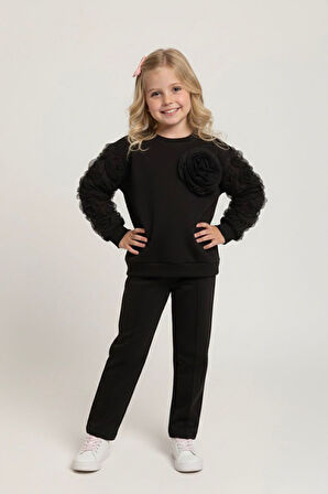 Miniğimin Cicileri Kolları Gül Detaylı  Kız Çocuk Çimalı 2 li Takım - Siyah