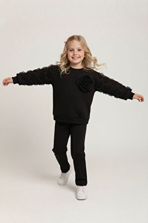 Miniğimin Cicileri Kolları Gül Detaylı  Kız Çocuk Çimalı 2 li Takım - Siyah
