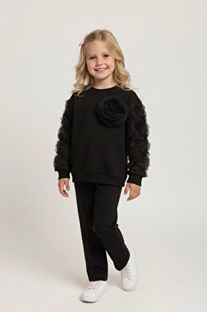 Miniğimin Cicileri Kolları Gül Detaylı  Kız Çocuk Çimalı 2 li Takım - Siyah