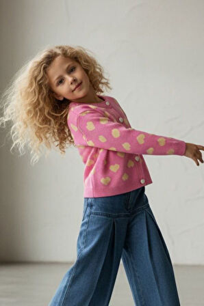 Miniğimin Cicileri Kalp Triko Hırkalı Kız Çocuk Kotlu İkili Takım - Pembe