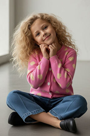 Miniğimin Cicileri Kalp Triko Hırkalı Kız Çocuk Kotlu İkili Takım - Pembe