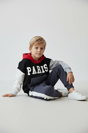 Miniğimin Cicileri Paris Baskılı Kapüşonlu Kışlık Erkek Çocuk Takım - Siyah