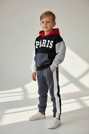 Miniğimin Cicileri Paris Baskılı Kapüşonlu Kışlık Erkek Çocuk Takım - Siyah