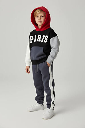 Miniğimin Cicileri Paris Baskılı Kapüşonlu Kışlık Erkek Çocuk Takım - Siyah
