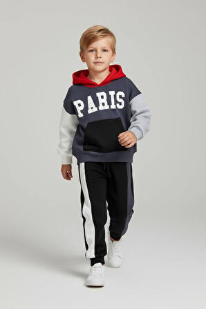 Miniğimin Cicileri Paris Baskılı Kapüşonlu Kışlık Erkek Çocuk Takım - Lacivert