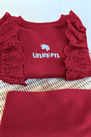 Miniğimin Cicileri Uncrn Fisto Detaylı Kız Çocuk 2 li Takım - Bordo