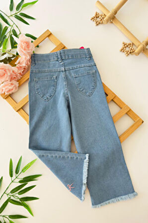 Miniğimin Cicileri Fiyonk İşleme Detaylı Kız Çocuk Yumuşak Kot Pantolon - Mavi