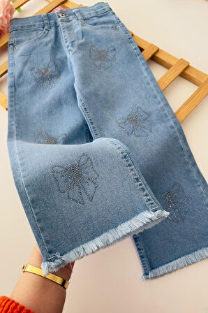 Miniğimin Cicileri Taş Fiyonk İşleme Detaylı Kız Çocuk Yumuşak Kot Pantolon - Mavi