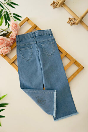 Miniğimin Cicileri Taş Fiyonk İşleme Detaylı Kız Çocuk Yumuşak Kot Pantolon - Mavi