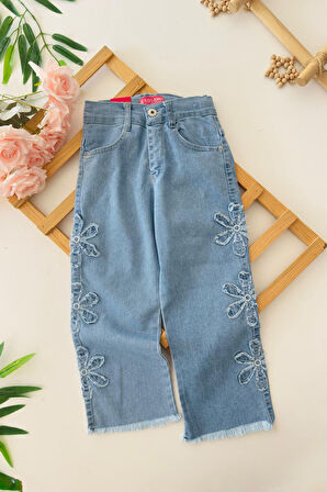 Miniğimin Cicileri Kenarı Papatya Şerit Detaylı Kız Çocuk Yumuşak Kot Pantolon - Mavi