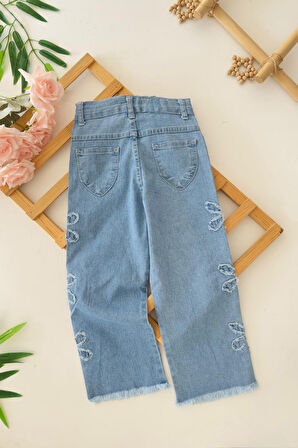 Miniğimin Cicileri Kenarı Papatya Şerit Detaylı Kız Çocuk Yumuşak Kot Pantolon - Mavi