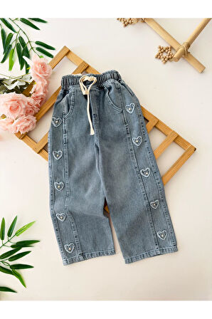 Miniğimin Cicileri Kalp İçi Taş Detaylı Kız Çocuk Yumuşak Kot Pantolon - Mavi