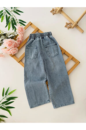 Miniğimin Cicileri Kalp İçi Taş Detaylı Kız Çocuk Yumuşak Kot Pantolon - Mavi