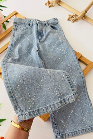 Miniğimin Cicileri Kare Taş Detaylı Kız Çocuk Yumuşak Kot Pantolon - Mavi