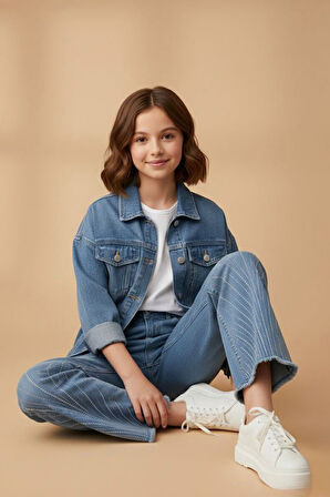 Miniğimin Cicileri Çizgi Taş Detaylı Kız Çocuk Yumuşak Kot Pantolon - Mavi